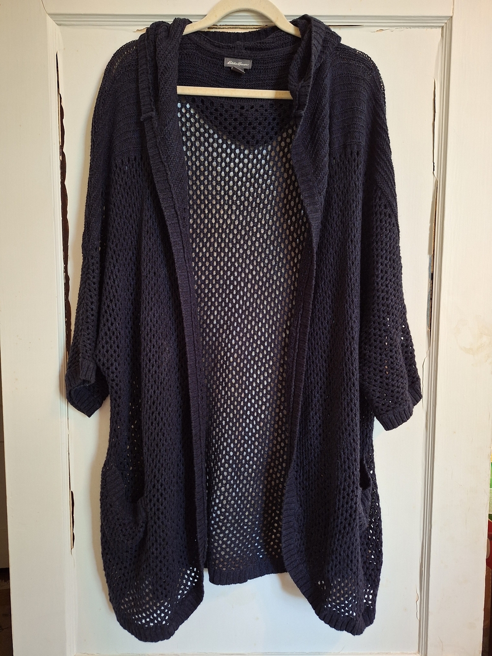 Eddie Bauer Linen Cotton Open Front Hooded Cardigan Navy XL Sweater Pockets